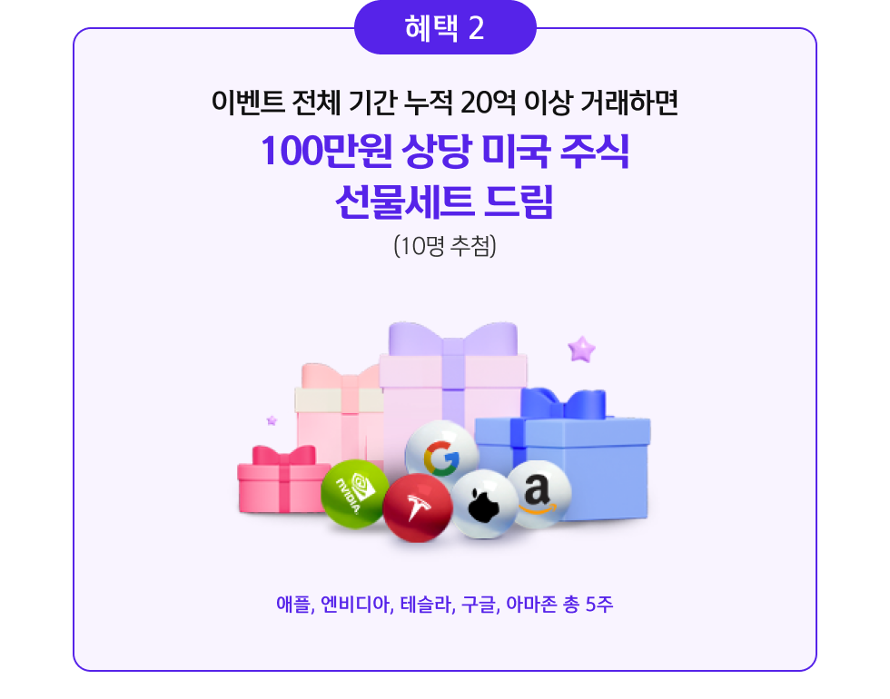 혜택2 누적 20억이상 거래하면 100만원 상당 미국 주식 선물세트 드림 (10명 추첨)